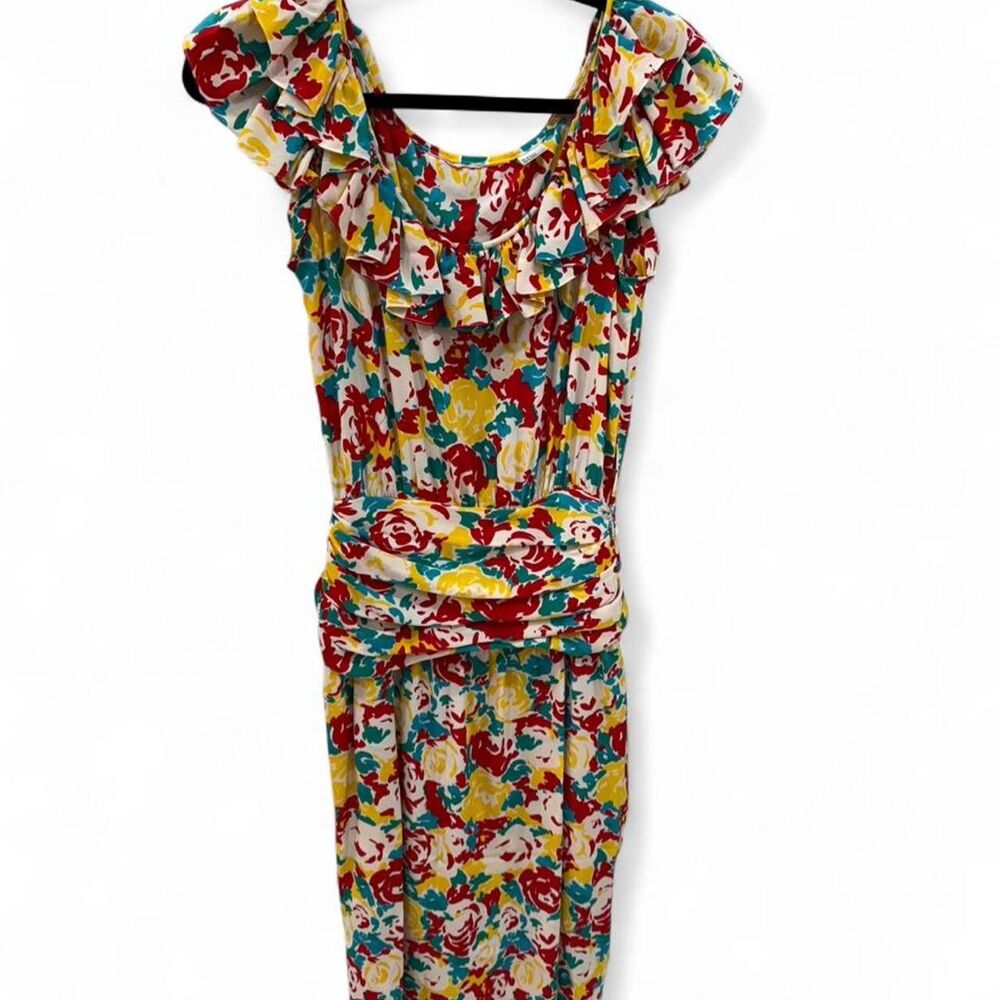 Vintage Silk midi dress, flower print with ruffle details